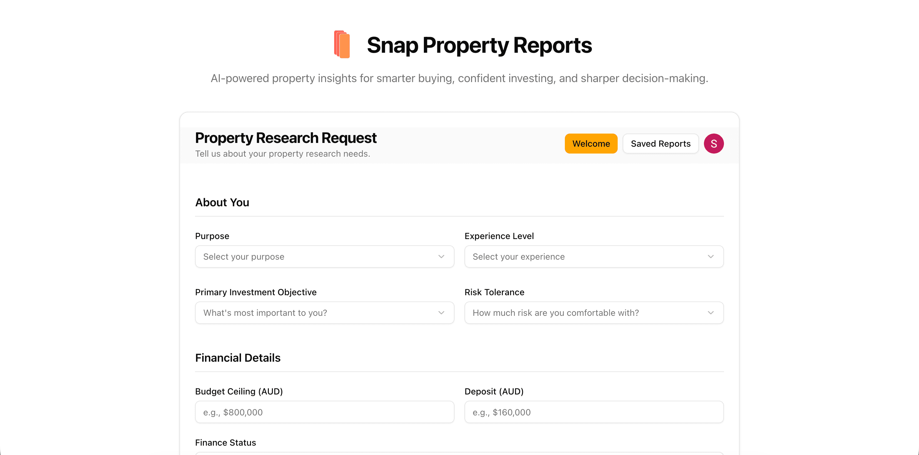 Snap Property Reports app interface on desktop
