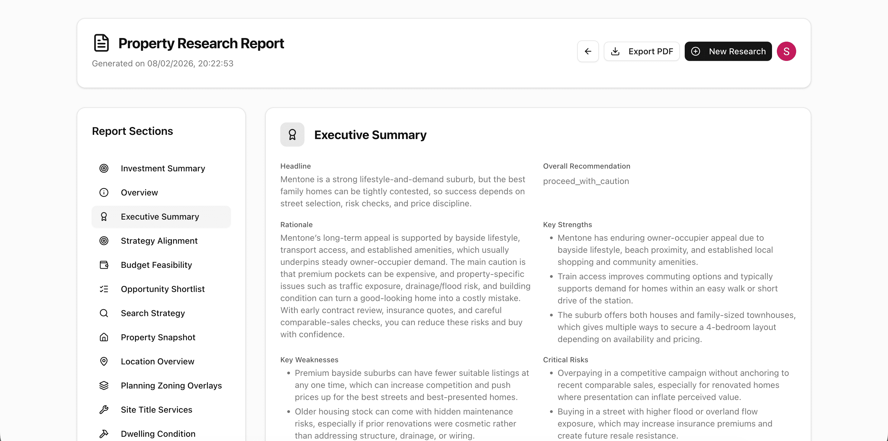Report summary section preview